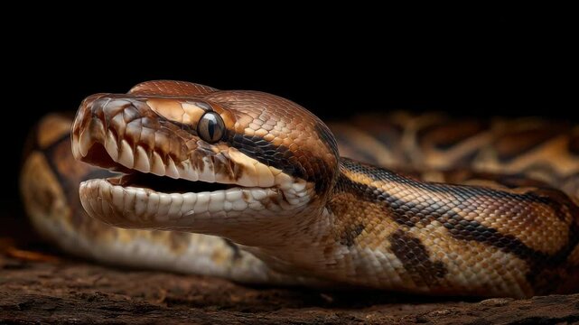 A python reveals its large mouth while basking on a log. The stunning patterns and colors of its scales are visible in this close-up. Observers can appreciate the beauty of this reptile