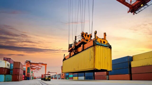 Cranes maneuver a bright yellow shipping container in a bustling port as the sun sets. Stacked containers are visible against the vibrant sky, showcasing logistics in action