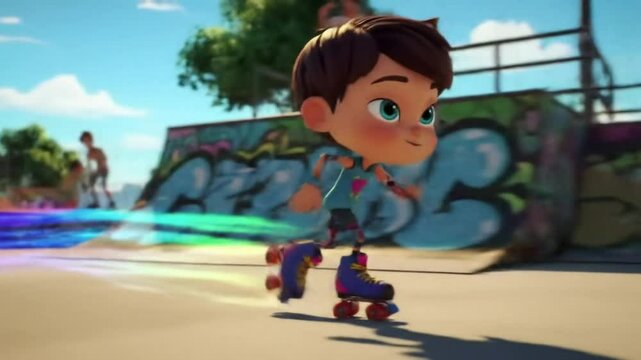 Crian&ccedil;a deslizando com seu patins em uma pra&ccedil;a.