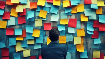 A teenager surrounded by blue, red, and yellow sticky notes reflects the complexity of autism in youth and communication challenges
