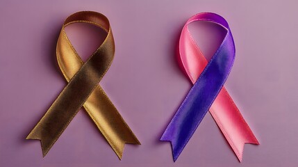 Awareness Ribbons, Gold, Purple, Pink Satin Ribbons on Purple Background
