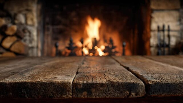 A warm and inviting setting is created with a beautiful fireplace glowing in the background. The rustic wooden table in front enhances the cozy ambiance of the room, perfect for winter evenings