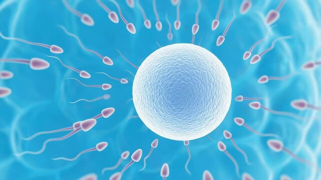 This visuals depict the intricate process of sperm cells navigating through fluid towards an egg cell. Observe how these cells work together in reproduction