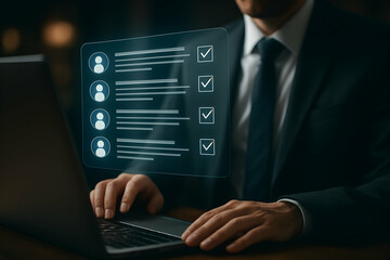 Businessman using laptop with checklist overlay