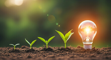Growing seedlings with a glowing lightbulb; concept of growth and innovation