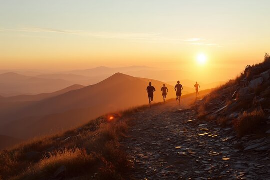 Runners run on a rocky path. They see mountains and sunset. The sunset makes the atmosphere nice.