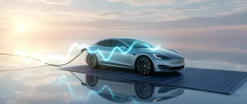 Zukunft der Elektromobilit&auml;t: E-Auto l&auml;dt &uuml;ber Solarpanel auf schwebender Plattform bei Sonnenaufgang. K&uuml;nstliche Intelligenz KI