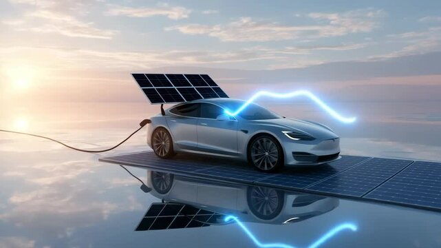 Zukunft der Elektromobilit&auml;t: E-Auto l&auml;dt &uuml;ber Solarpanel auf schwebender Plattform bei Sonnenaufgang. K&uuml;nstliche Intelligenz KI