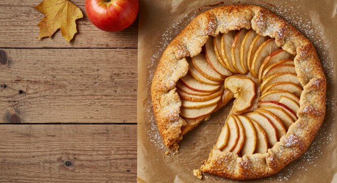 Rustic apple galette with fermented apple slices on parchment - Powered by Adobe