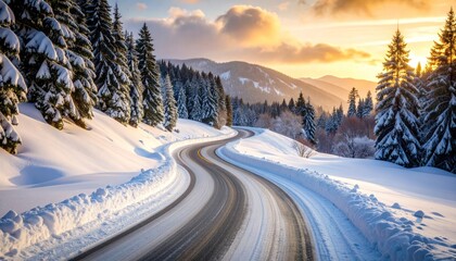 Scenic Snowy Road Winding Through a Winter Landscape at Sunset with Warm Light