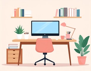 Modern Home Office Workspace Setup Desk, Computer, Plants, and Books