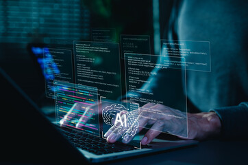 AI coding assistant for software development concept. Machine Learning Code, Programmer use laptop...