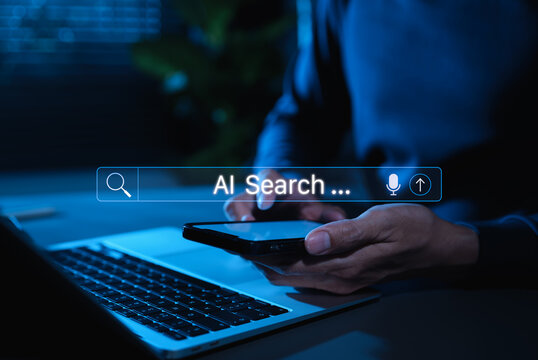 AI search engine technology concept. Man use smartphone with AI search bar interface representing artificial intelligence search technology, voice input, and innovation in modern information retrieval