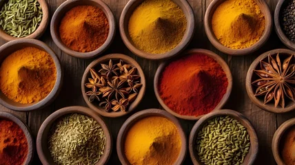 Indian spice market flat lay, top view of colorful spices in traditional bowls, turmeric, red chili, cardamom, cumin, arranged on a wooden surface, vivid color harmony,Generative Ai  © emrah