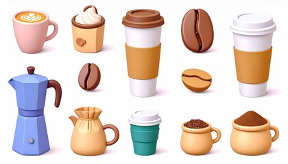 Coffee Collection: Delightful 3D Render of Coffee Drinks and Beans