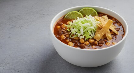 Mexican Pozole Soup in a White Bowl, Overhead Shot