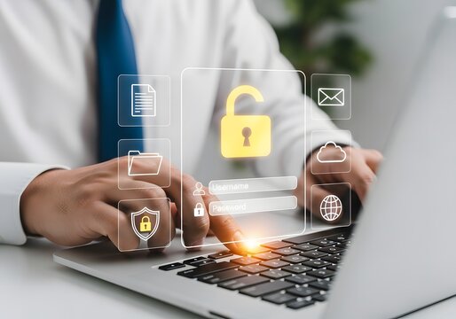 Password secure login access concept. Authentication verification code. Businessman use laptop protecting personal data.