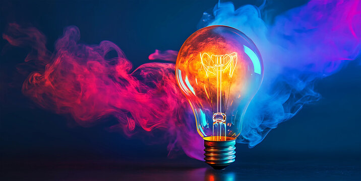 Glowing incandescent light bulb surrounded by swirling pink and blue smoke