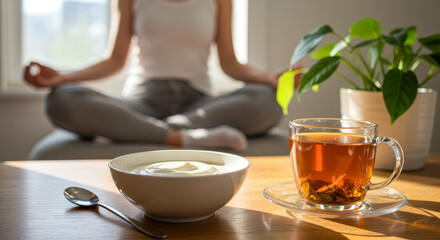 Yogurt and herbal tea on table with woman meditating in background
