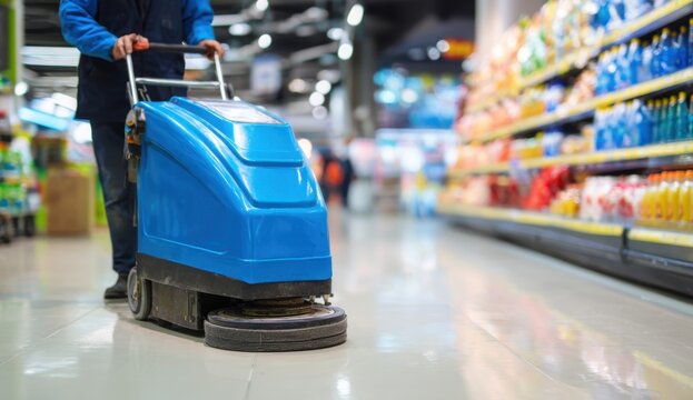 A diligent worker expertly cleans a supermarket floor with a modern floor scrubber, ensuring a pristine and safe shopping environment.