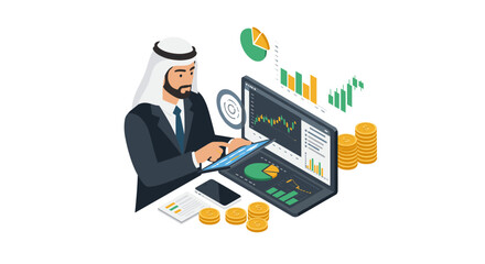 Fototapeta premium Business analytics vector illustration - financial data analysis, middle eastern businessman, isometric style for presentation design