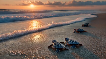 a heartwarming scene of tiny baby turtles crawling to the sea