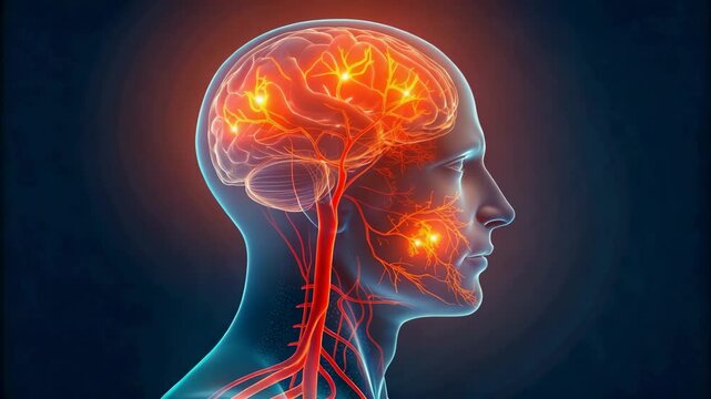 Human anatomy features a detailed view of the brain and blood vessels, ideal for medical or educational use, displaying complex neurological function and vascular system.