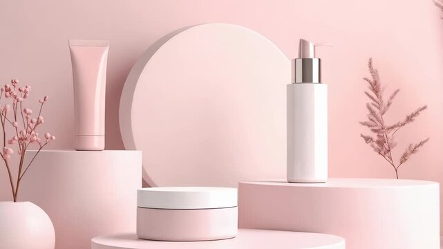 Minimalist display of cosmetic products on pink platforms with decorative plant elements for beauty and skincare promotion.