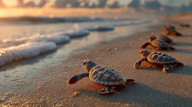 a heartwarming scene of tiny baby turtles crawling to the sea