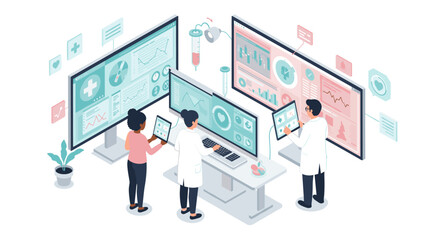 Healthcare technology vector illustration: telemedicine and data analysis in modern hospital, flat style design for digital media