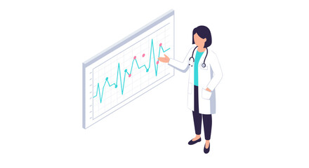 Doctor analyzing heart rate data line on digital board vector illustration - isometric design for medical education
