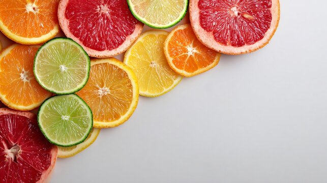 Sliced citrus fruits in diagonal line, top-down flat lay with corner blank space