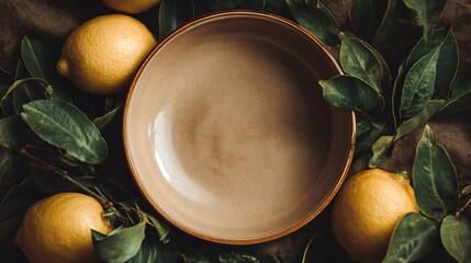 Top-down view of lemons and green leaves around empty beige ceramic bowl, copy space inside