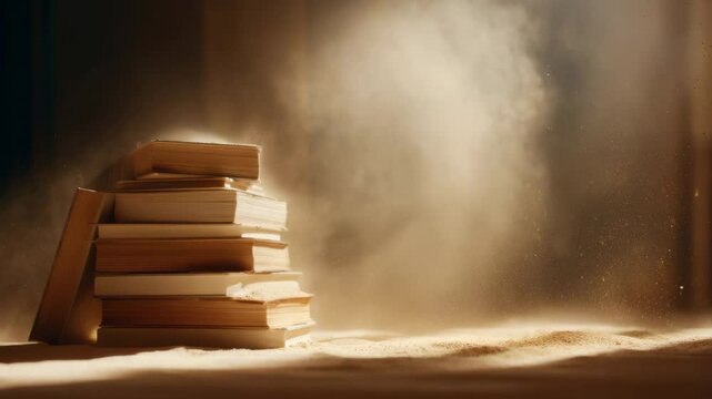A stack of several books rests on a sandy surface while dust particles swirl gently in soft light. The tranquil atmosphere suggests a moment of reflection and inspiration