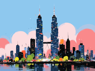 Obraz premium A skyline of skyscrapers with two taller identical towers centered