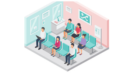 Isometric healthcare setting vector illustration: waiting room concept for medical design and posters