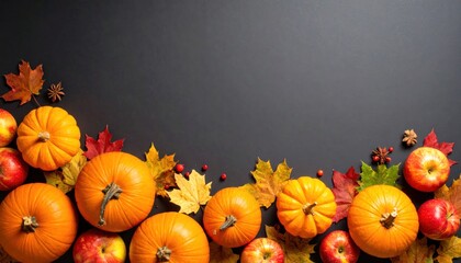 Seasonal autumnal array of pumpkins, apples, foliage and star anise on dark backdrop