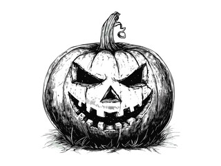 Hand-drawn vintage pumpkin carving, spooky Halloween jack-o'-lantern face, old engraving style, black sketch horror decor, October seasonal motif, eerie autumn illustration, haunted design,