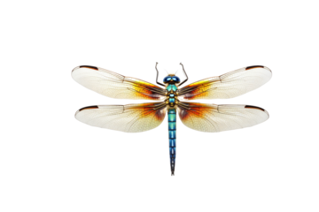 A detailed close-up of a vibrant dragonfly with translucent wings against a transparent background. background removed