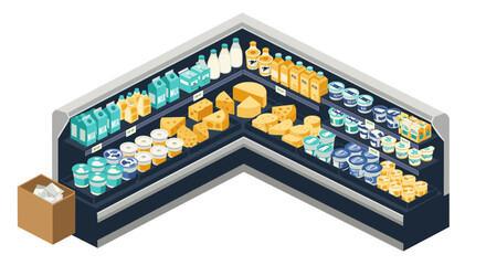 Supermarket dairy section vector illustration for product display design in isometric style