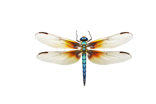 A detailed close-up of a vibrant dragonfly with translucent wings against a transparent background. background removed