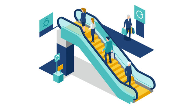 Isometric vector illustration of people on escalators for urban commuting design