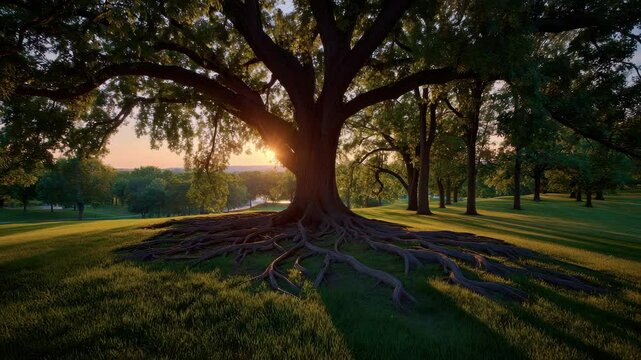 In a tranquil park at sunset, a large tree showcases its expansive roots while the sun sets behind the horizon. The vibrant colors enhance the serene atmosphere of nature