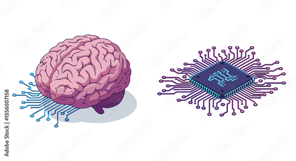 Poster brain and microchip connection vector illustration for technology and ai concepts
