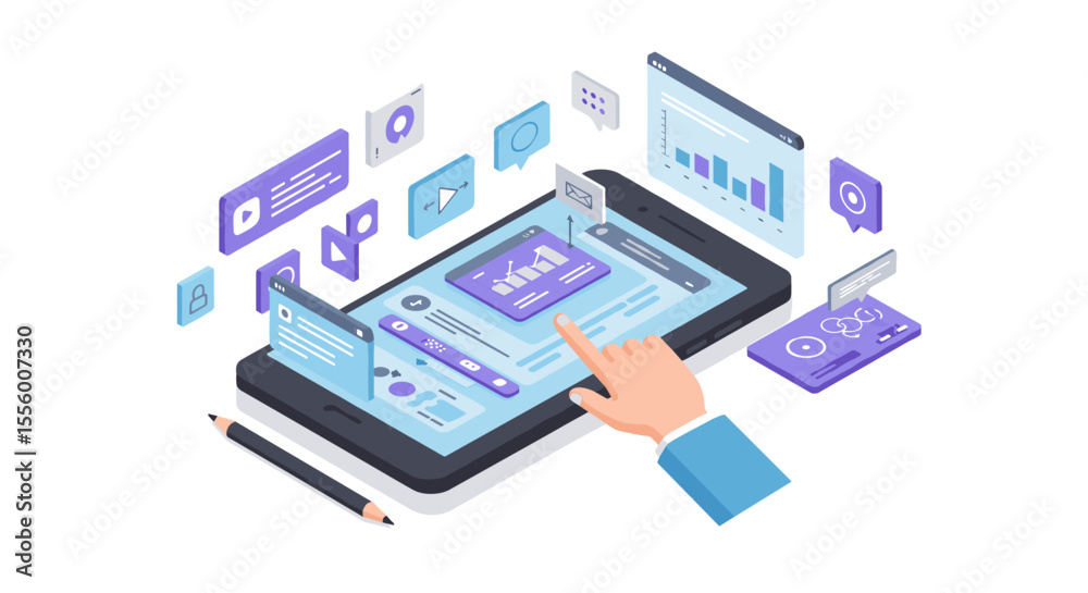 Wall mural isometric vector illustration of digital tablet with interactive app icons for technology design