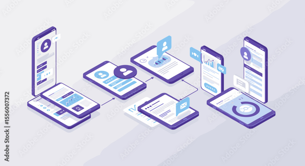Poster isometric mobile app workflow vector illustration for user interface design and development
