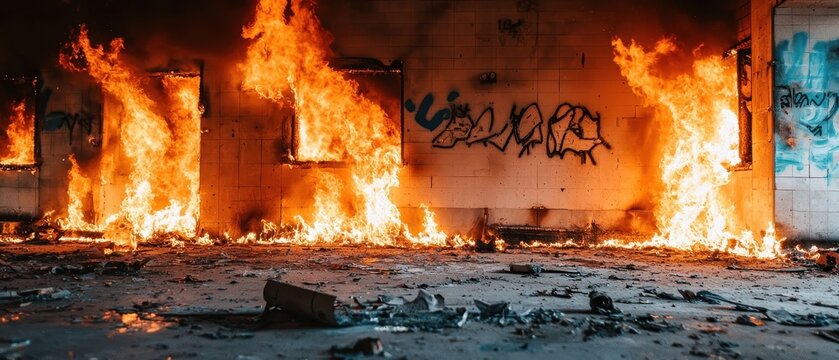 Dramatic Interior Scene of a Burning Structure with Fiery Flames and Charred Debris Amidst Urban Decay