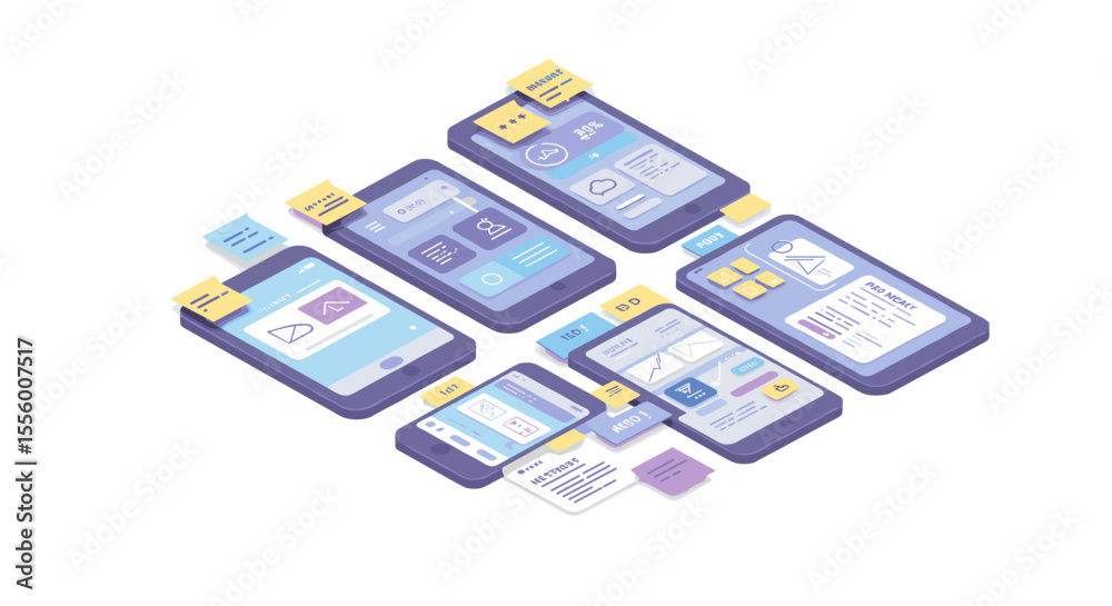 Poster isometric mobile app design vector illustration for ui layout and development
