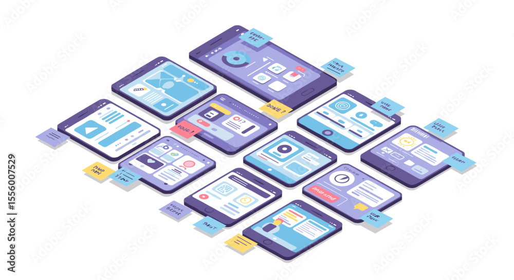 Poster mobile app development concept vector illustration for ui ux design with flat isometric style