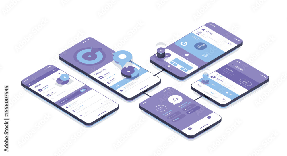 Poster isometric mobile app interface design vector illustration for tech projects and ui concepts